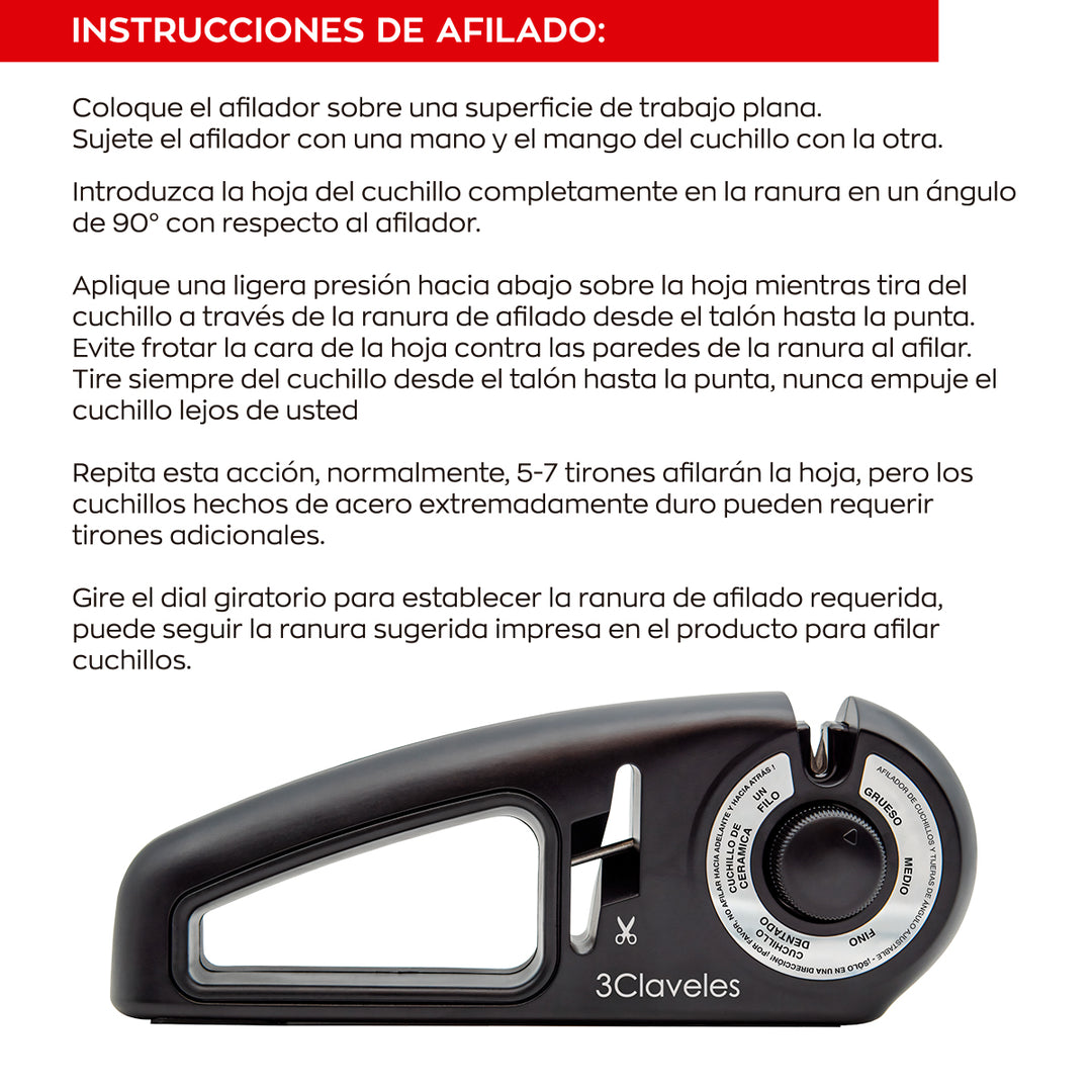 3 Claveles - Afilador Cuchillos y Tijeras de 7 Pasos Ergonómico. Diamante, Carburo y Cerámica