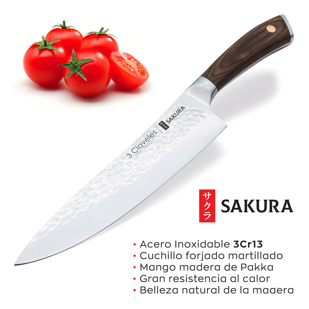 3 Claveles Sakura - Cuchillo Cocina 12.5 cm Acero Forjado con Hoja Martilleada