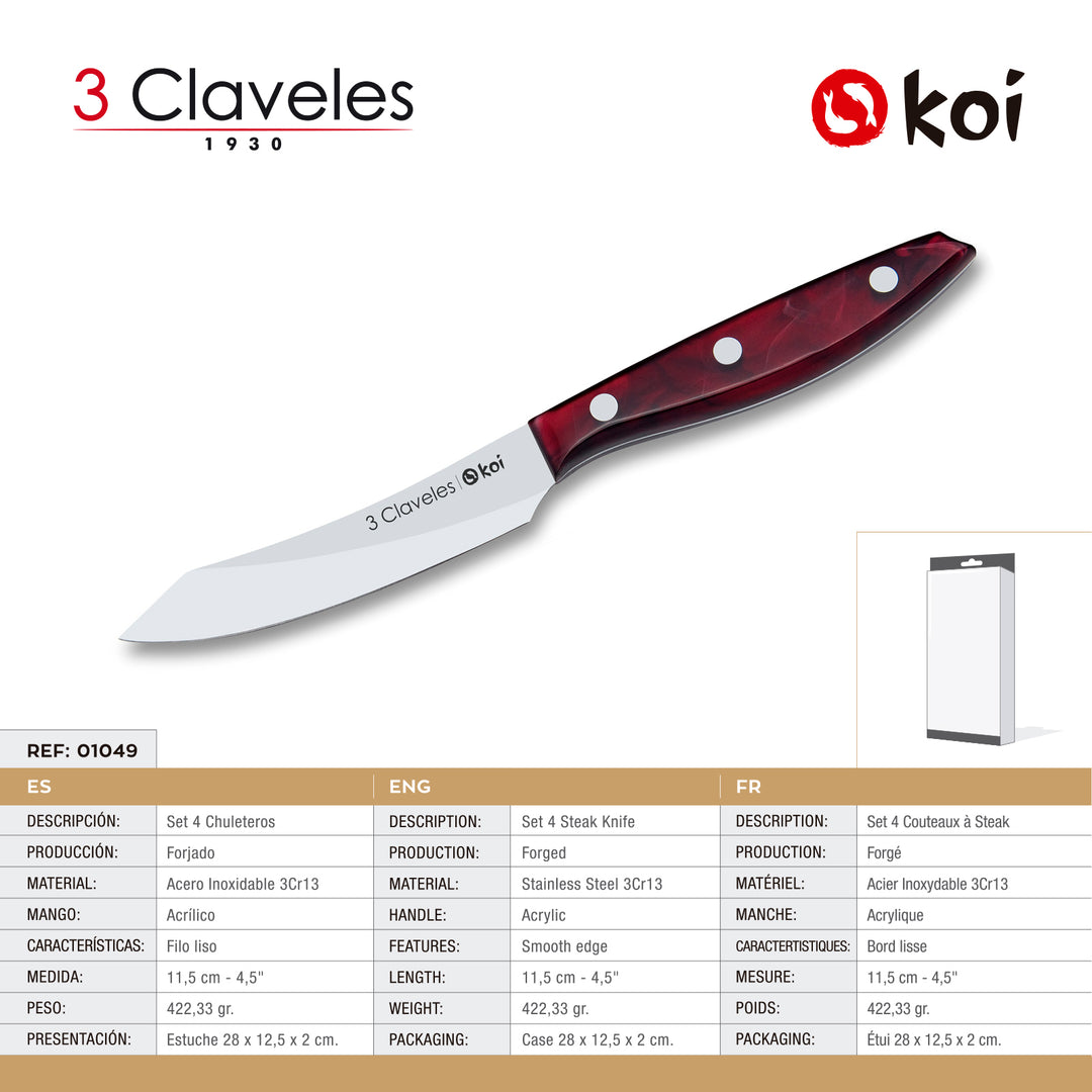 3 Claveles Koi - Set de 4 Cuchillos Chuleteros de 11.5 cm en Acero Inoxidable de Filo Liso