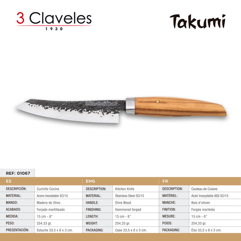 3 Claveles Takumi - Cuchillo Cocina 15 cm de Acero Forjado con Hoja Martilleada