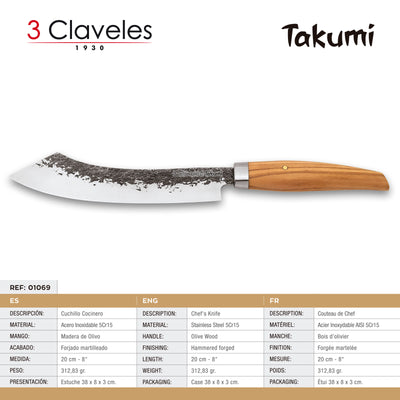 3 Claveles Takumi - Cuchillo Cocinero 20 cm de Acero Forjado con Hoja Martilleada