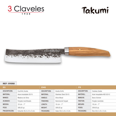3 Claveles Takumi - Cuchillo Usuba 18 cm de Acero Forjado con Hoja Martilleada