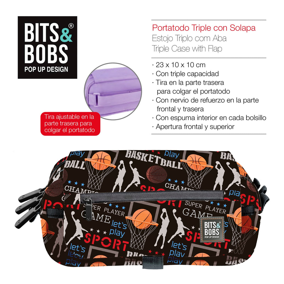 ColePack EcoDes - Estuche Triple de 3 Cremalleras con Material Escolar Incluido. Basket