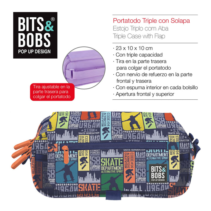 ColePack EcoDes - Estuche Triple de 3 Cremalleras con Material Escolar Incluido. Skate