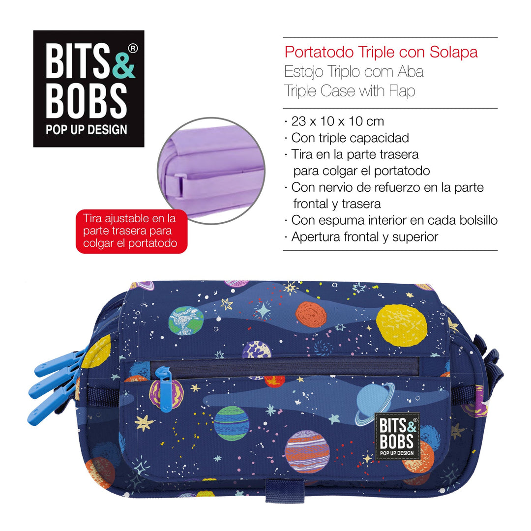 Grafoplás Design - Estuche Portatodo Triple con Solapa para Material Escolar. Space