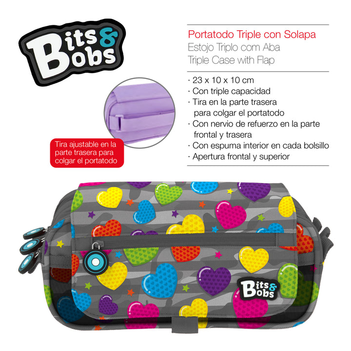 Grafoplás BitsBobs - Estuche Portatodo Triple con Solapa para Material Escolar. Heart