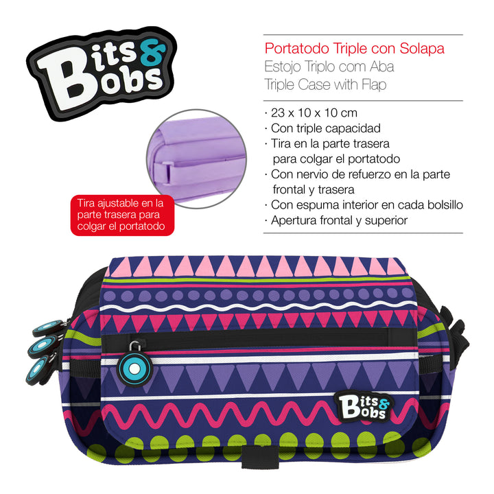 Grafoplás BitsBobs - Estuche Portatodo Triple con Solapa para Material Escolar. Zig Zag