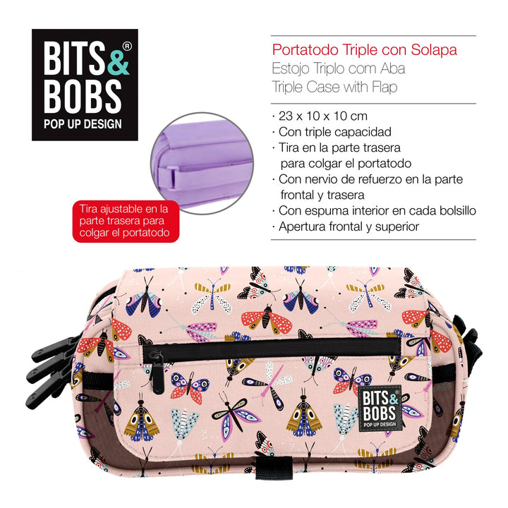 ColePack EcoDes - Estuche Triple de 3 Cremalleras con Material Escolar Incluido. Butterfly