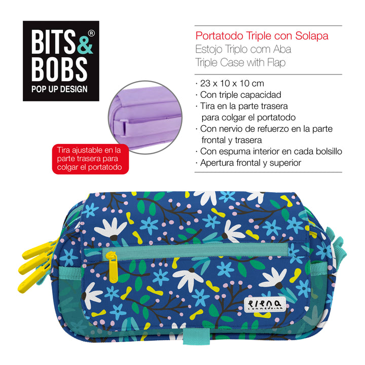 ColePack Design - Estuche Triple de 3 Cremalleras con Material Escolar Incluido. Blue Garden