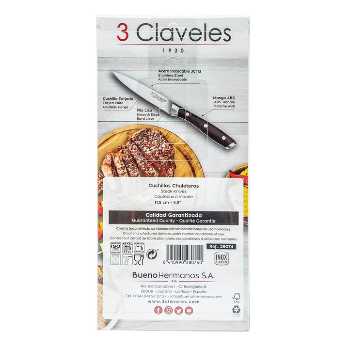 3 Claveles - Set de 4 Cuchillos Chuleteros Profesionales 11.5 cm Acero Inoxidable Mango ABS
