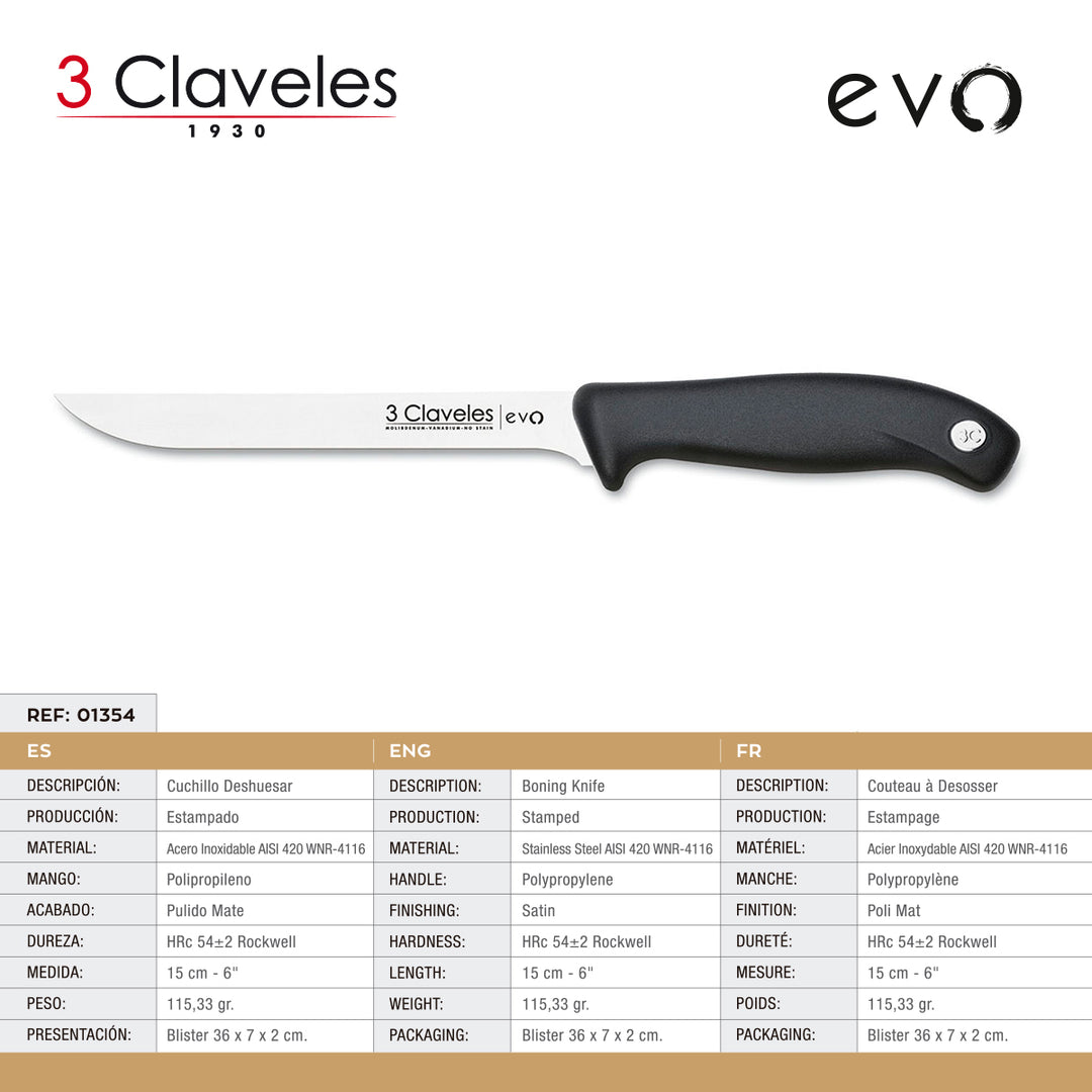 3 Claveles EVO - Set Cuchillo Jamonero de 25 cm Deshuesador de 15 cm y Chaira