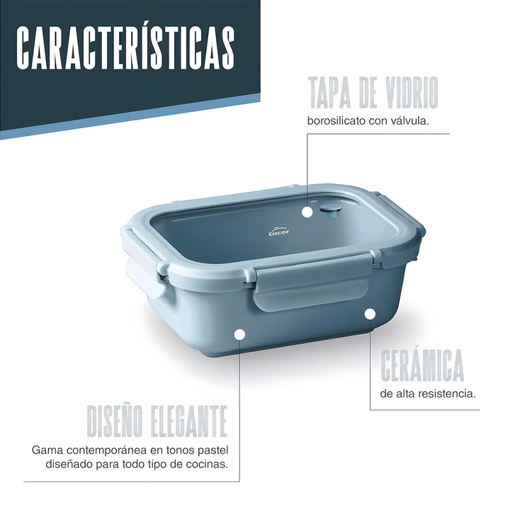 LACOR Ceram - Recipiente Rectangular de Cerámica y Tapa de Cristal Apto Microondas