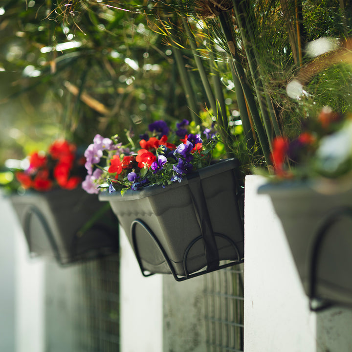 Plastiken P51 - Jardinera Balconera TERRA con Plato y Soporte. Medida 50 x 24 cm 10L. Antracita