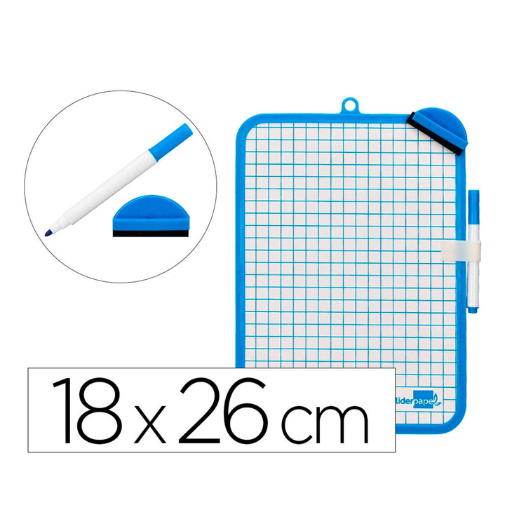 LIDERPAPEL - Pizarra Blanca Doble Cara Lisa y Cuadriculada 18x26 cm Con Rotulador y Borrador.