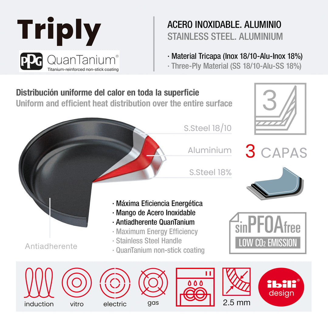 IBILI Triply -  Set de 3 Sartenes 18, 22 y 26 cm en Acero Inoxidable y Antiadherente Quantanium