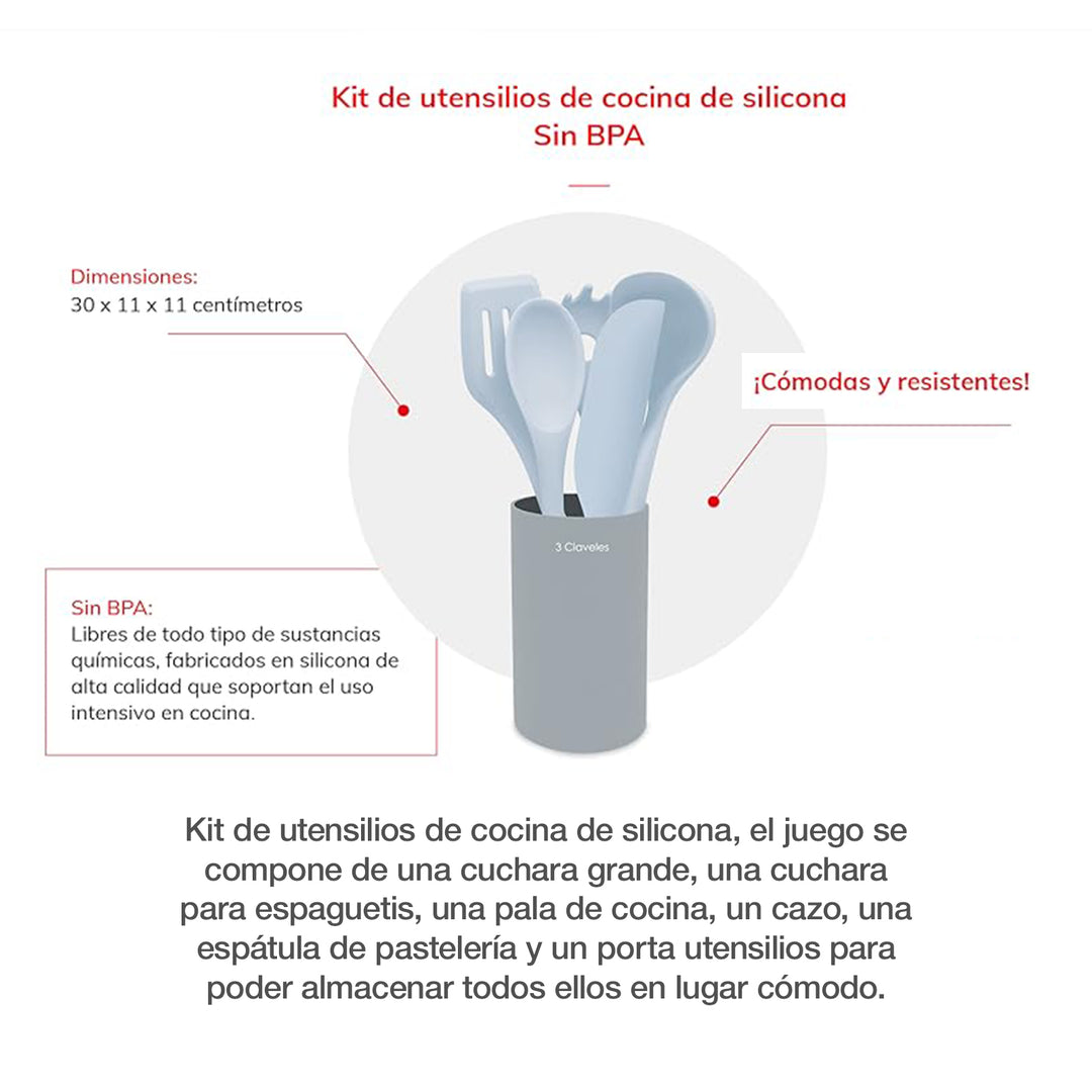 3 Claveles - Set de 5 Piezas de Menaje para Cocina en Silicona con Soporte de Mesa