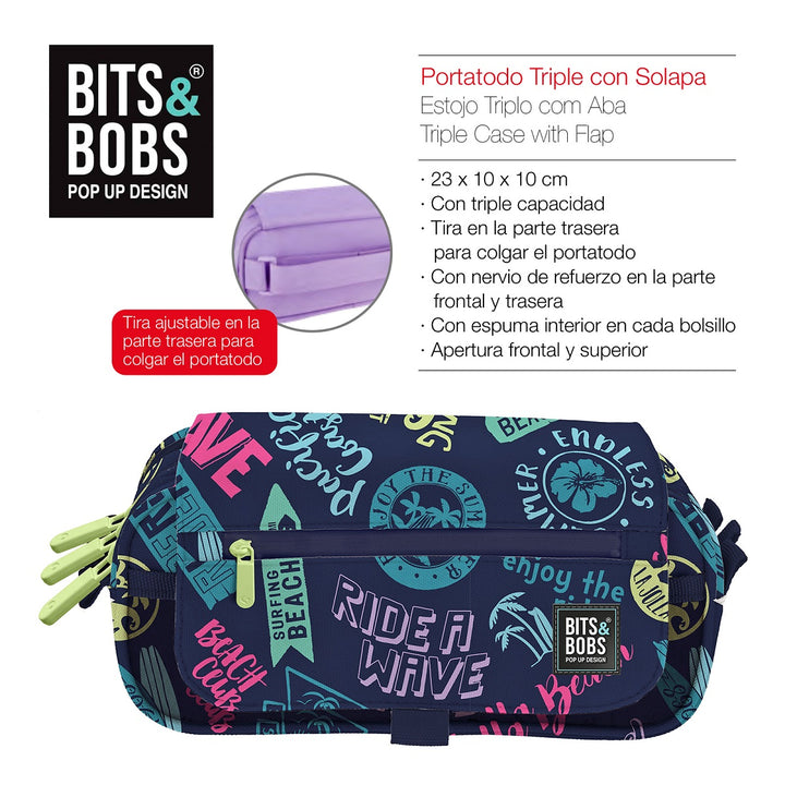 Grafoplás Design - Estuche Portatodo Triple con Solapa para Material Escolar. Beach