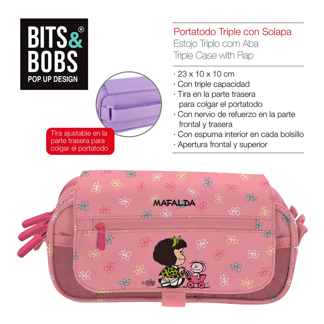 Grafoplás Design - Estuche Portatodo Triple con Solapa para Material Escolar. Mafalda Cart
