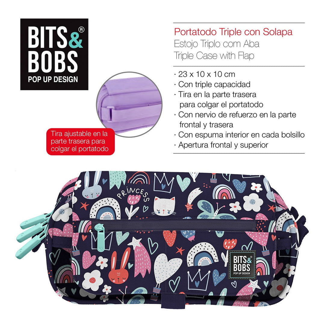Grafoplás Design - Estuche Portatodo Triple con Solapa para Material Escolar. Princess