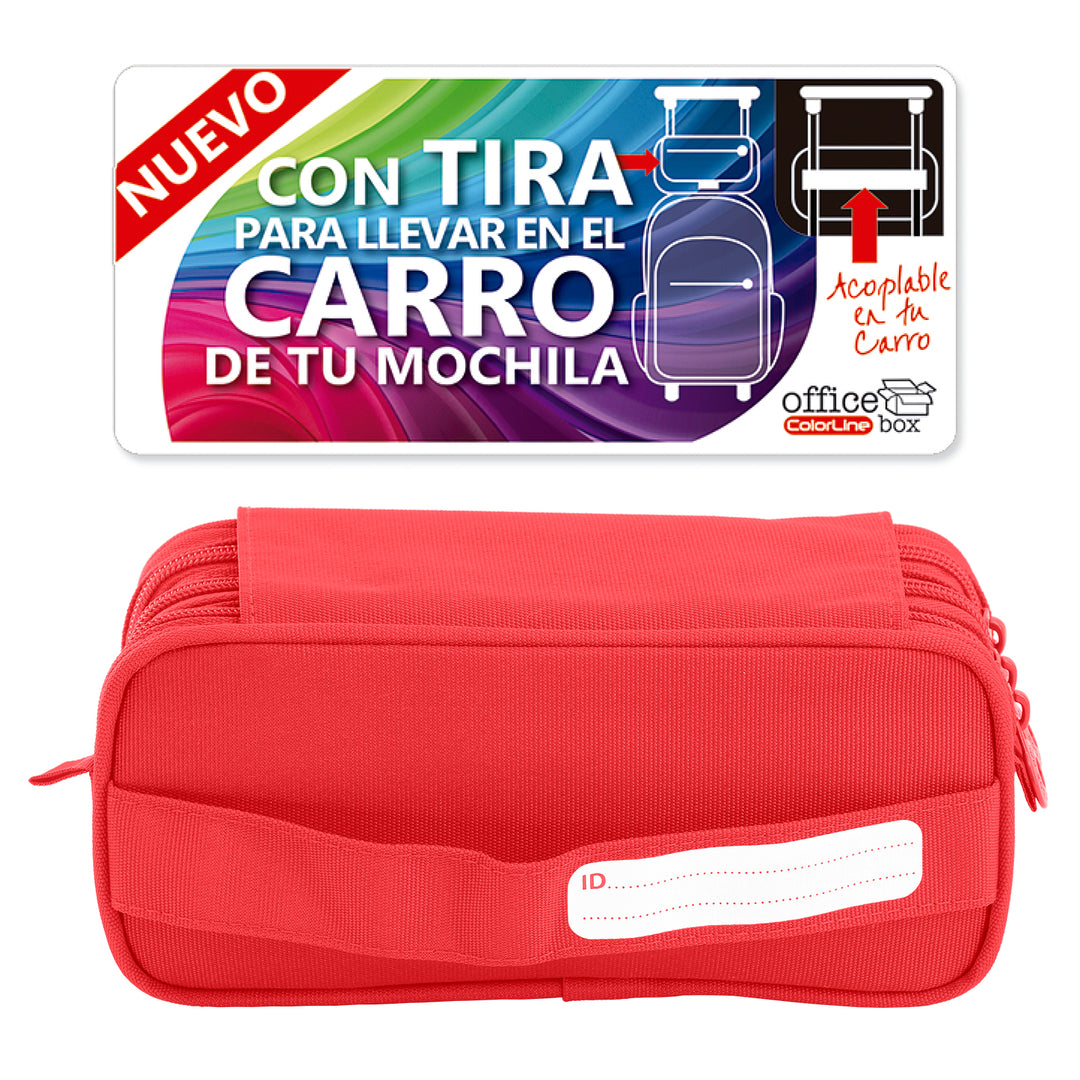 ColePack Pro - Estuche Triple de 3 Cremalleras con Material Escolar Incluido. Rojo Coral