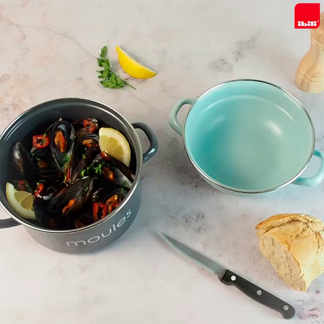 IBILI Moules - Olla de 18 cm para Mejillones en Acero Esmaltado con Tapa Especial. Negro