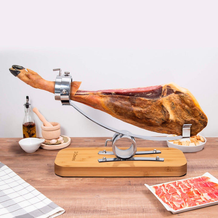 3 Claveles 01744 - Soporte Jamonero Basculante Bambú y Kit de Corte Profesional Uniblock