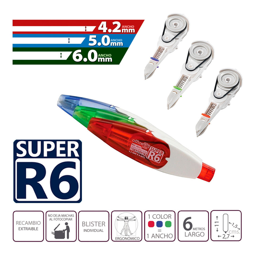 SDI Super R6 - Cinta Correctora Retráctil y Recargable de 5 mm de Ancho. Azul