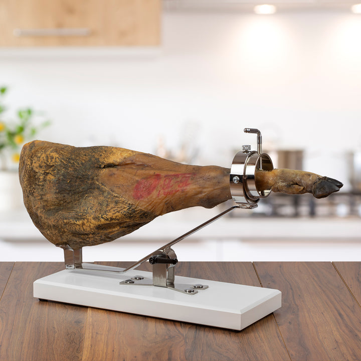 BELLO Aneto - Soporte Jamonero Basculante en DM Blanco y Acero Inoxidable con Cubrejamón