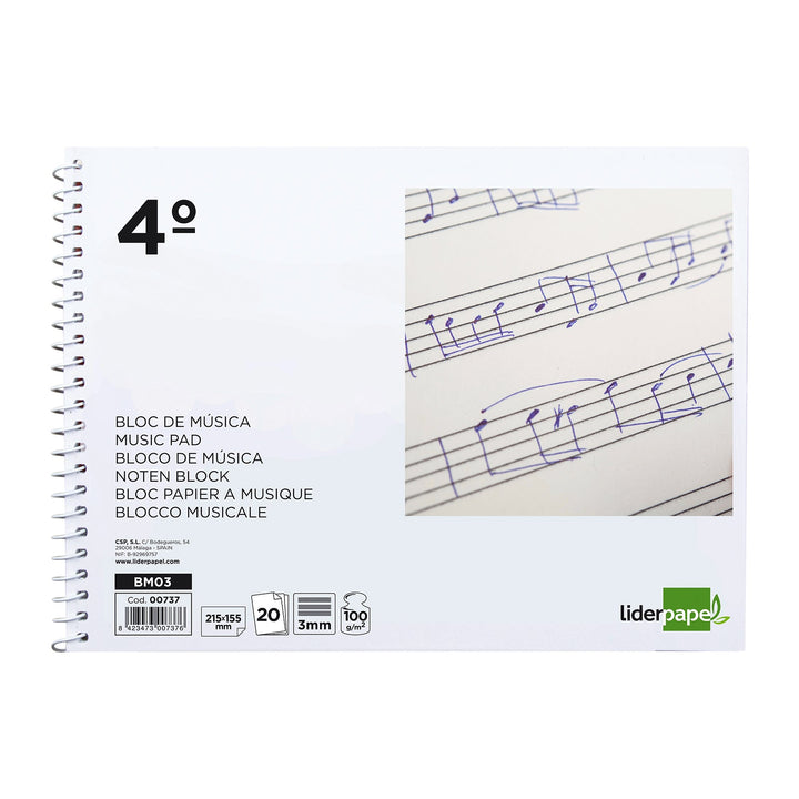 LIDERPAPEL - Libreta Bloc de Música Pentagrama 3mm Cuarto 20 Hojas