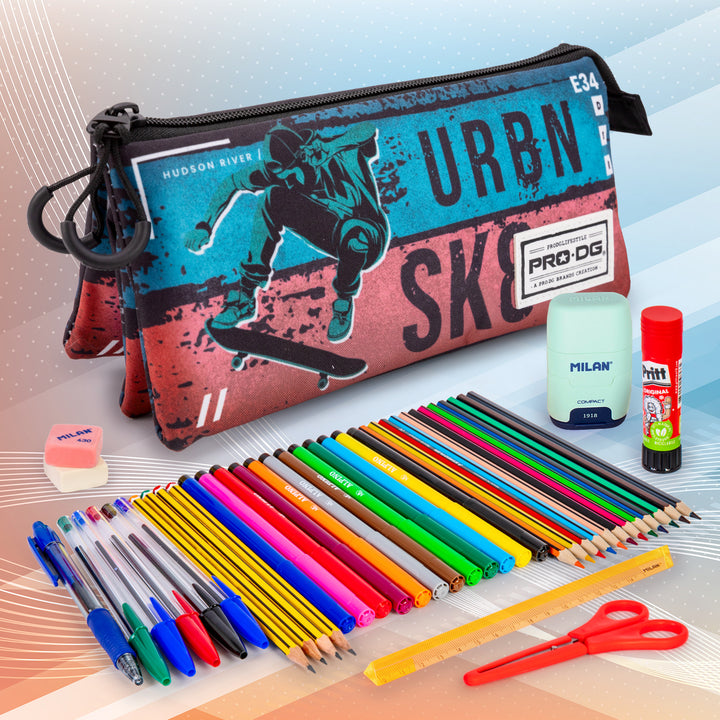 ColePack PRODG - Estuche Triple de 2 Cremalleras con Material Escolar. Urbansk8