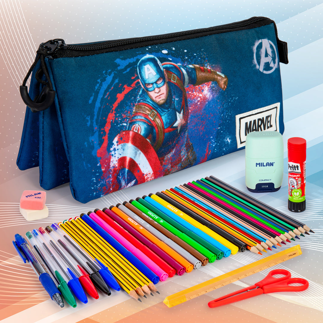 MARVEL Capitán América - Estuche Escolar Triple Portatodo con 2 Cremalleras. Azul