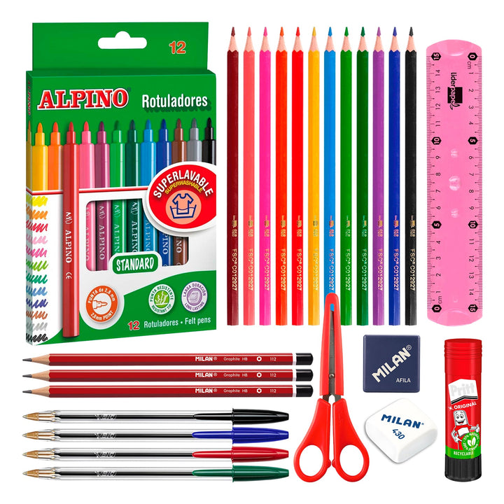 ColePack Eco36 - Estuche Cuadruple de 4 Cremalleras con Material Escolar Incluido. Azul