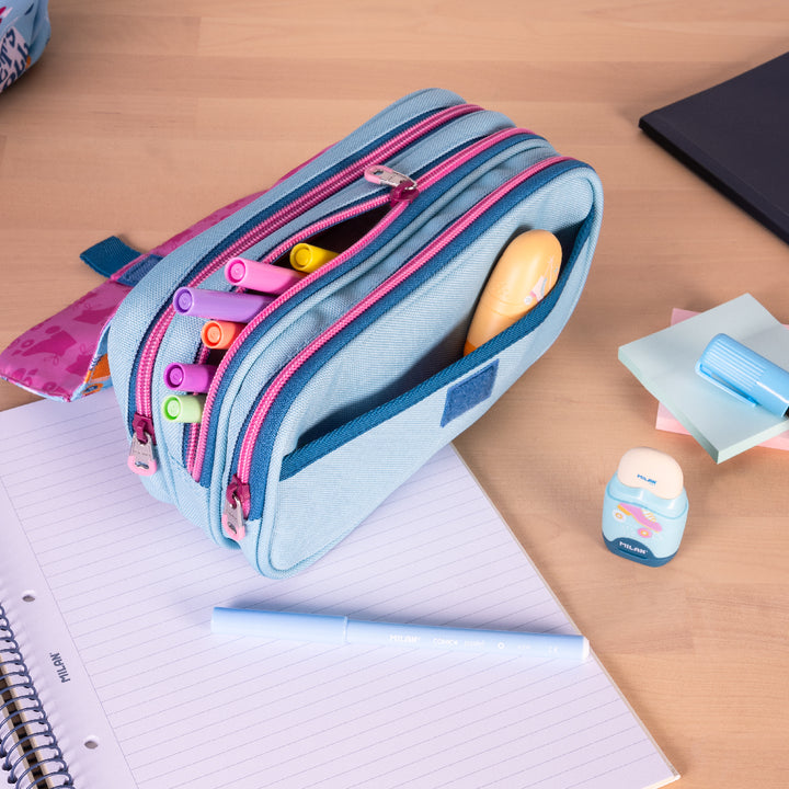 ColePack ECO Milan - Estuche Triple de 3 Cremalleras y Material Escolar Incluido. Roller