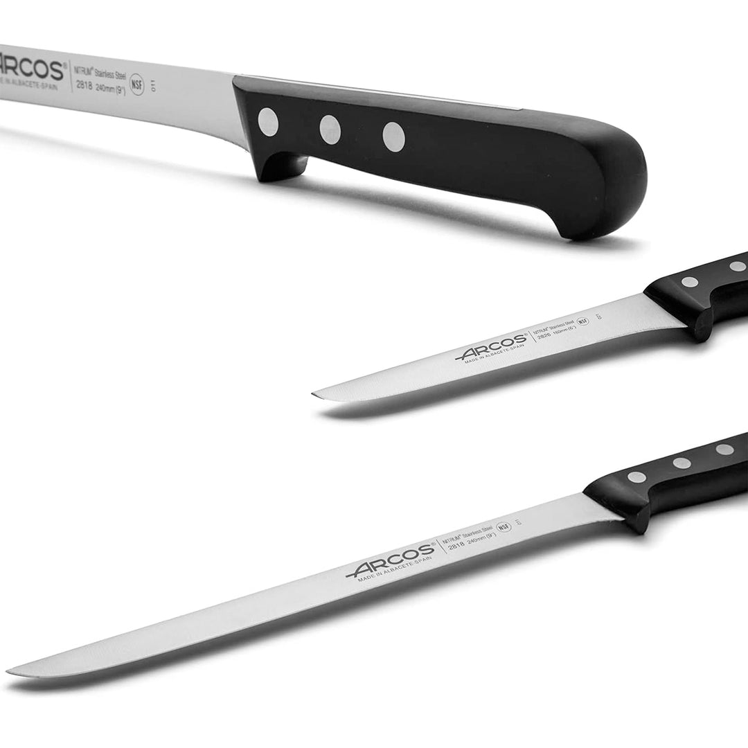 ARCOS Universal - Kit de Cuchillo Jamonero de 24 cm, Deshuesador y Chaira en Estuche