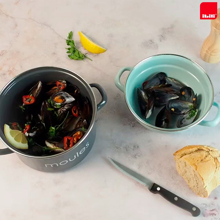 IBILI Moules - Olla de 18 cm para Mejillones en Acero Esmaltado con Tapa Especial. Petrol