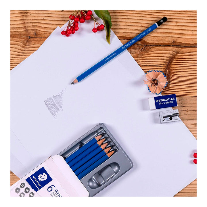 STAEDTLER Mars Lumograph - Caja de 6 Lápices de Dibujo Premium. Incluye Goma y Sacapuntas