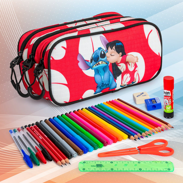 DISNEY Lilo y Stitch Kiss - Estuche Escolar Triple Portatodo Tres Cremalleras TRICK FAN Rojo