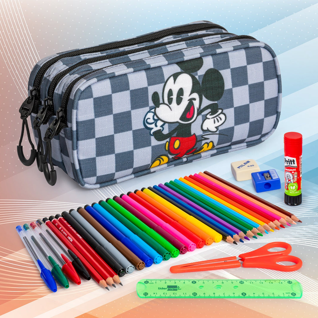 DISNEY Mickey Move - Estuche Escolar Triple Portatodo Tres Cremalleras TRICK FAN Gris