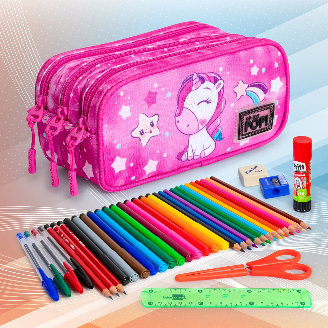 OH MY POP! Daydream - Estuche Escolar Triple Portatodo Tres Cremalleras TRICK FAN Rosa