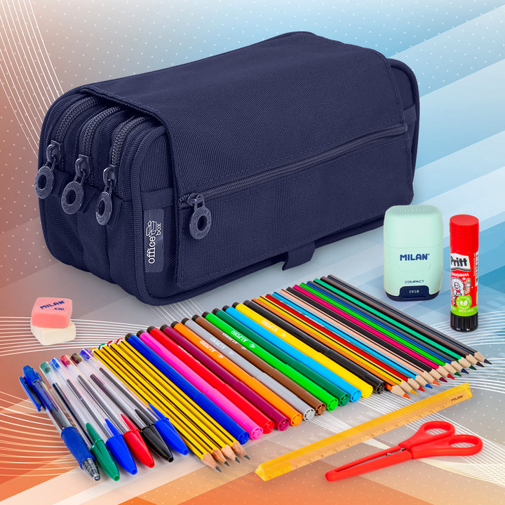 ColePack Pro - Estuche Triple de 3 Cremalleras con Material Escolar Incluido. Azul Marino