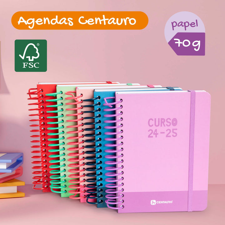 Grafoplás - Agenda Escolar A5 2 Días Página Curso 24-25. Acabado Soft y Pegatinas. Centauro Rosa