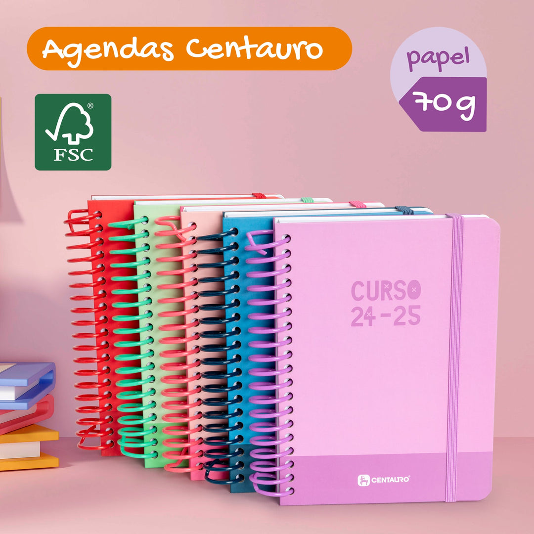 Grafoplás - Agenda Escolar A6 Día Página Curso 24-25. Acabado Soft y Pegatinas. Centauro Rojo