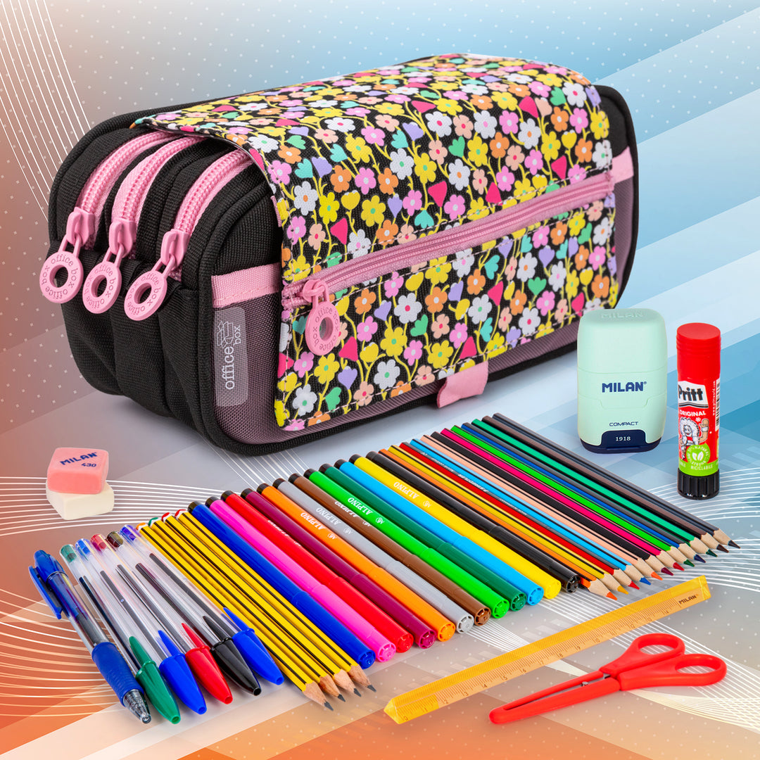 ColePack Design - Estuche Triple de 3 Cremalleras con Material Escolar Incluido. Flowers