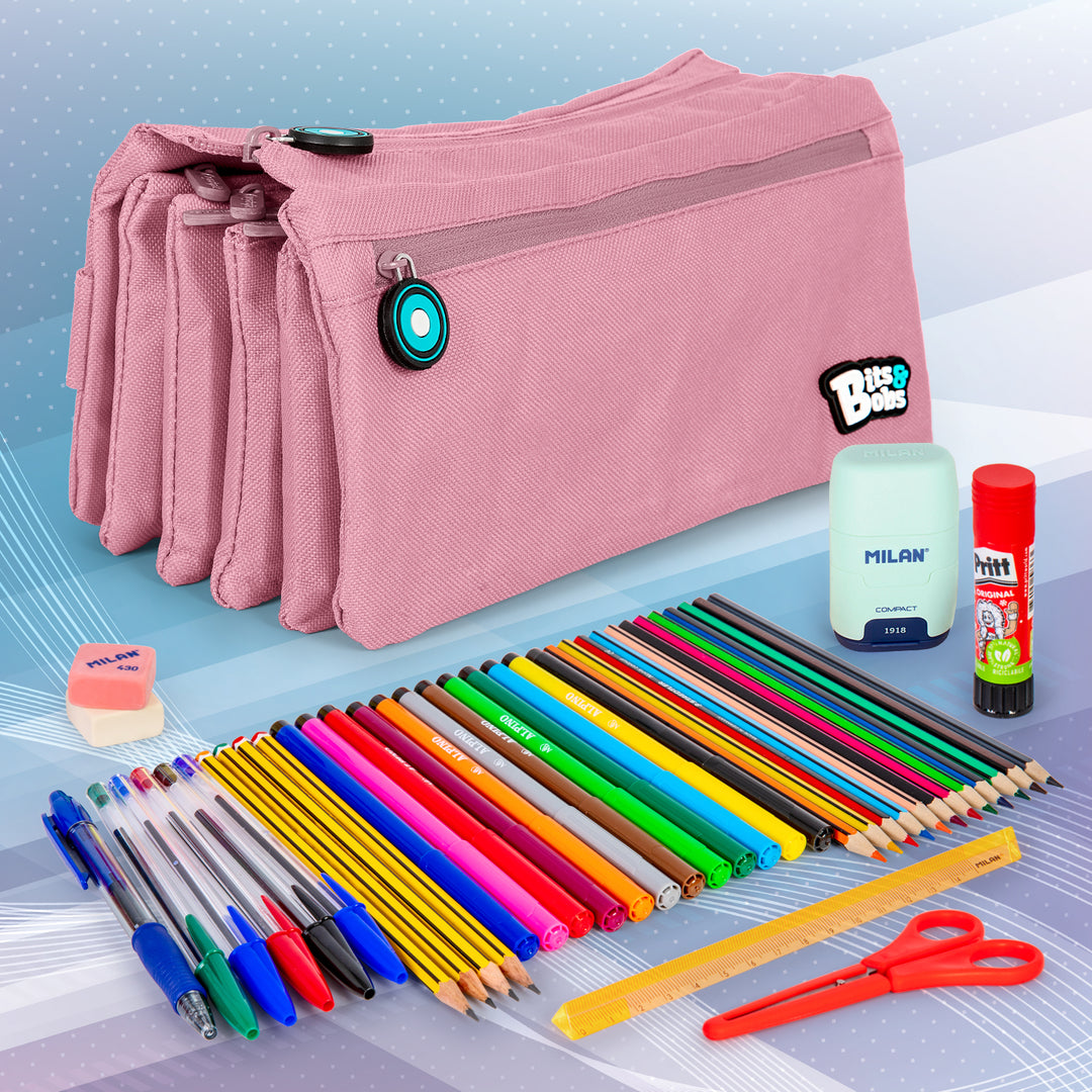 ColePack BitsBobs - Estuche Escolar Cuádruple de 4 Cremalleras y Material Incluido. Rosa Soft