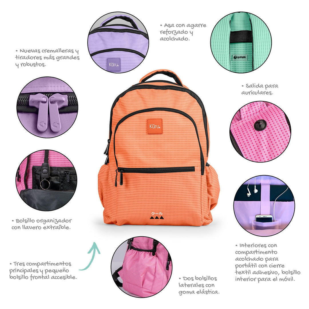 Grafoplás Kūru - Mochila Escolar 3 Cremalleras con Divisor para Portátil. Adaptable Carrito. Rosa