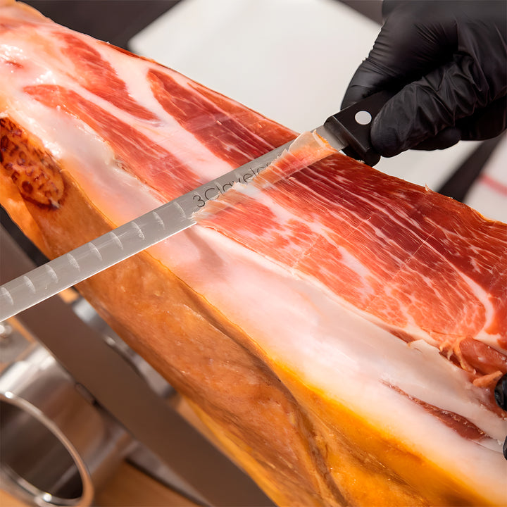 3 Claveles POM - Kit Profesional de Cuchillo Jamonero Deshuesador Chaira y Pinzas