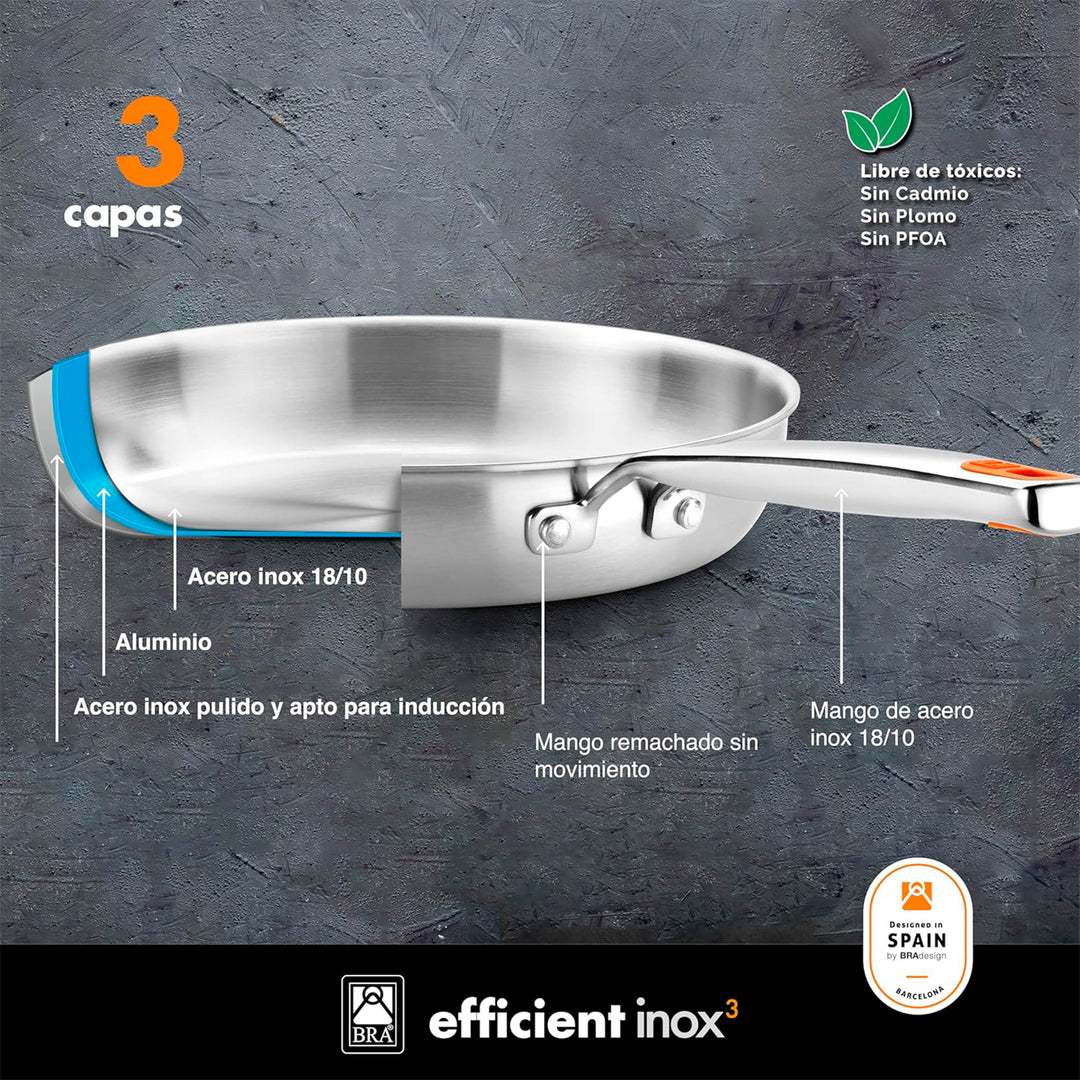 BRA EFFICIENT INOX - Sartén 18 cm en Acero Inoxidable con Triple Capa. Apta Inducción