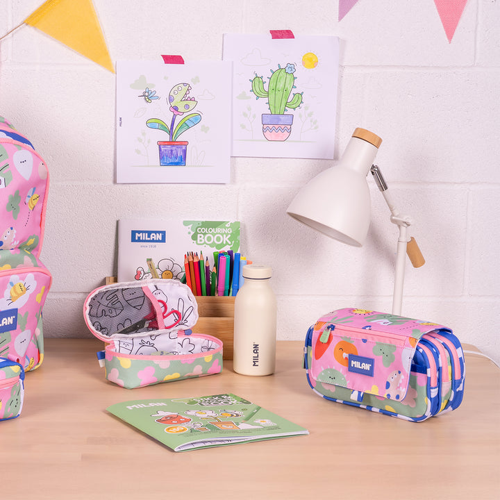 Milan Green Grow - Estuche Portatodo Triple con Cuatro Cremalleras para Material Escolar