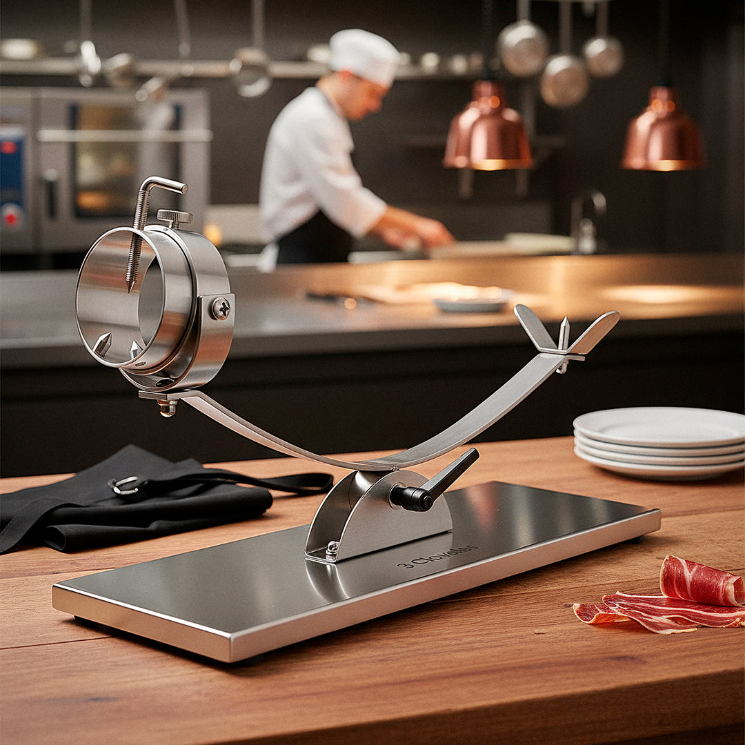 3 Claveles 01743 - Soporte Jamonero Basculante en Acero y Kit de Corte Profesional Uniblock