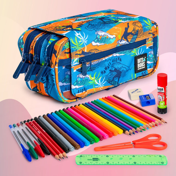 ColePack EcoDes - Estuche Triple de 3 Cremalleras con Material Escolar Incluido. Hawaii